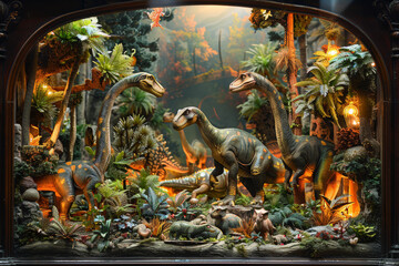 Canvas Print - A prehistoric diorama populated by lifelike replicas of dinosaurs, showcasing the ancient world of these magnificent creatures. Concept of paleontology. Generative Ai.