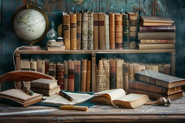 Aufkleber - A table overflowing with books sits next to a packed bookshelf, creating a bibliophiles dream scene filled with endless reading possibilities. Generative AI