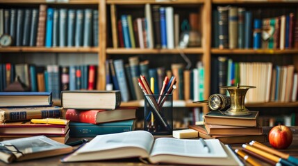 Aufkleber - An assortment of books on a table, creating a vivid scene of education, inspiration, and imagination. Generative AI