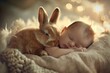 © Maelgoa - A close-up shot of a sleeping infant nestled against a snoozing bunny, bathed in the soft glow of a nightlight, emanating sweetness and innocence