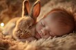 © Maelgoa - A close-up shot of a sleeping infant nestled against a snoozing bunny, bathed in the soft glow of a nightlight, emanating sweetness and innocence