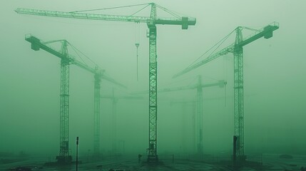 Canvas Print - Illustrate a scene of cranes towering against the night sky, their lights illuminating the construction site as they hoist heavy