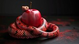 Fototapeta  - forbidden fruit red striped snake coiled around crimson apple on black background temptation and sin concept 3d render