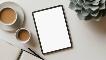 Poster - Tablet on Table with Decoration - Tablet Mockup for Application Presentation, Web Design or User Interface Design - Template for Representation and Presentation of Design