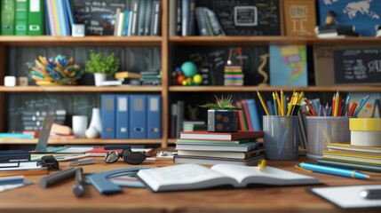 Aufkleber - A wooden desk covered in a multitude of books, creating a captivating display of literature and learning materials. Generative AI