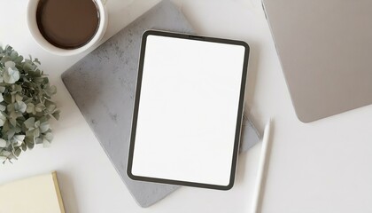 Poster - Tablet on Table with Decoration - Tablet Mockup for Application Presentation, Web Design or User Interface Design - Template for Representation and Presentation of Design