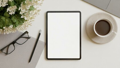 Tablet on Table with Decoration - Tablet Mockup for Application Presentation, Web Design or User Interface Design - Template for Representation and Presentation of Design