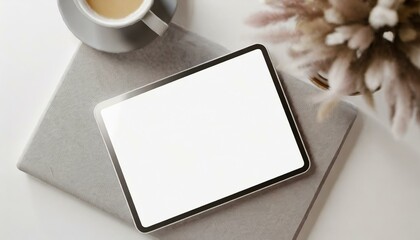 Poster - Tablet on Table with Decoration - Tablet Mockup for Application Presentation, Web Design or User Interface Design - Template for Representation and Presentation of Design