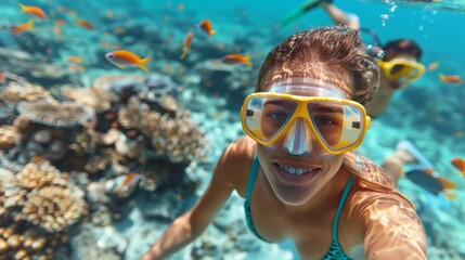 Poster - island paradise depict a group of friends snorkeling through a colorful coral reef, encountering tro