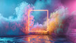 abstract neon square frame enveloped by mystical colorful smoke on dark gradient shades  background