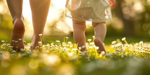 Wall Mural - A close up of a baby and her mother walking through grass. Generative AI.