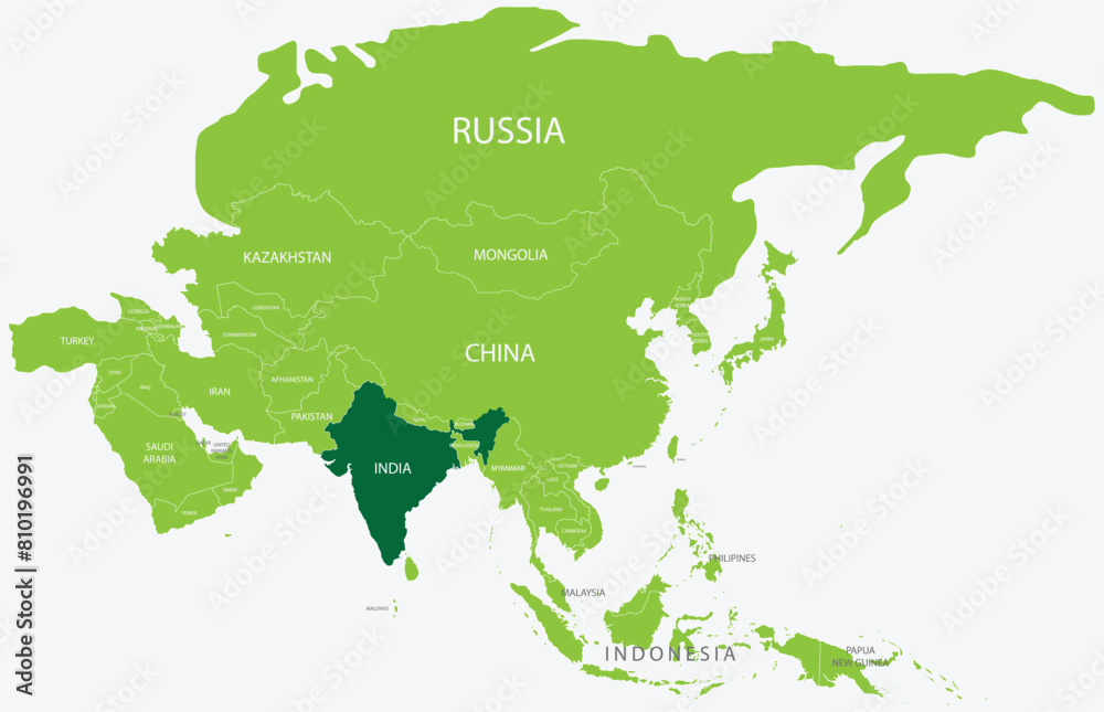 Highlighted green map of INDIA inside light green political map of Asia using orthographic projection on light blue background
