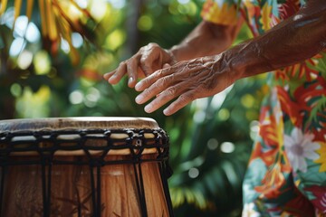 a tight shot of a male percussionist immersed in the rhythms of latin music, his hands skillfully da