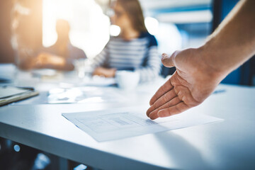 Poster - Hands, point and document for business people, paperwork and contract in boardroom. Insurance, policy and agreement for service with team discussion, meeting and desk for legal compliance and deal