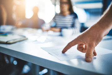 Canvas Print - Hands, point and document for business people, paperwork and contract in boardroom. Insurance, policy and agreement for service with team discussion, meeting and desk for legal compliance and deal