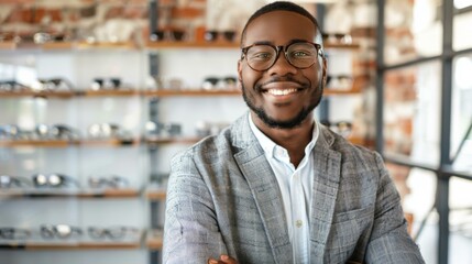 Poster - A man in glasses smiling at the camera. AI.