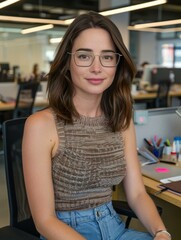 Wall Mural - A woman sitting at a desk with her hands on the keyboard. AI.