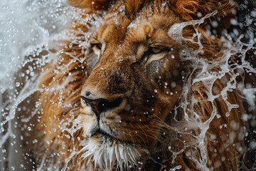 Close-up lion grooming mane care water foam bubbles wildlife nature wild big cat feline soap cleanse bath rinse shower splash wet animal