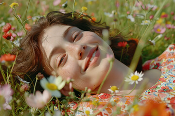 Wall Mural - Beautiful smiling woman lying in the field of flowers