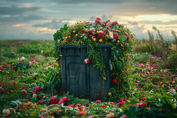 Canvas Print - An isolated image of a compost bin surrounded by organic waste, highlighting the importance of composting for soil health and fertility. Generative Ai.