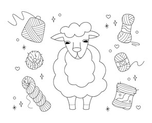 Wall Mural - Set with cute sheep and skeins of yarn. Doodle outline vector black and white illustration.