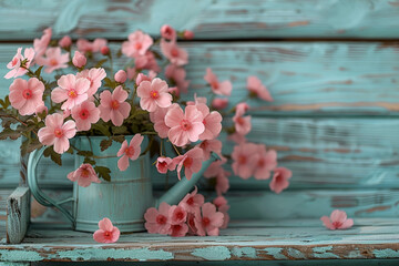 Canvas Print - Pale turquoise watering can with pastel pink flowers on a pastel green garden bench, representing care and nurturing of plants. Generative Ai.