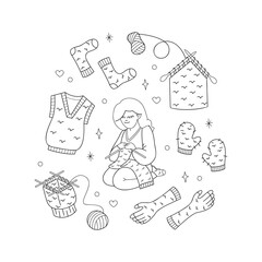 Wall Mural - A set with a knitting girl and knitted clothes. Doodle outline vector black and white illustration.