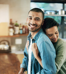 Poster - Affectionate, hug and happy couple in kitchen for love, cooling and bonding together with evening date. Smile, romantic man with woman for relationship, support or comforting embrace in home