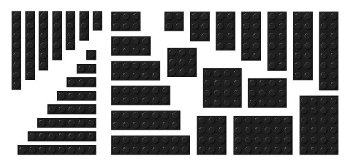 Wall Mural - Big set of black plastic building toy blocks. Simple vector collection of childrens bricks. Abstract vector illustration isolated on a white background