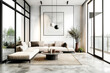 Modern bright living room with beige sofa, minimalism