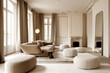Modern bright living room with beige furniture, minimalism