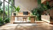 Contemporary office design with sustainable elements like bamboo desktops and recycled paper, ideal for companies emphasizing corporate sustainability. Corporate carbon reduction