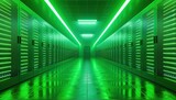 Fototapeta  - Zoom out to reveal rows of meticulously organized server racks against the vibrant green background, illustrating the scalability of cloud computing solutions.