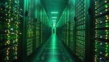 Fototapeta  - Zoom out to reveal rows of meticulously organized server racks against the vibrant green background, illustrating the scalability of cloud computing solutions.