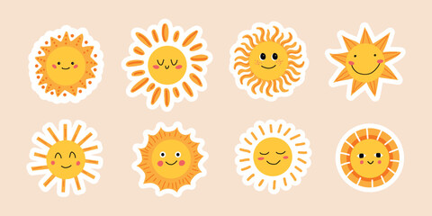Wall Mural - Set of stickers of cute suns. Sun with different rays and emotions. Children's vector illustration. Sunny clip art graphics in hand-drawn style. Isolated background.