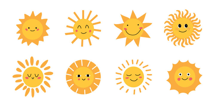 Cute Sun collection. Sun with different rays and emotions. Children's vector illustration. Sunshine clip art graphics in Hand-drawn style. White isolated background.