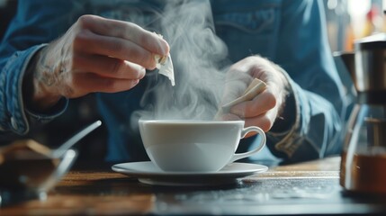 The steam from man with jecket Jean is soaking tea bag on vintage white cup, preparing hot tea.