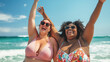 Happy plus size women have fun walking on the beach. Do not be ashamed of your body, enjoy life.