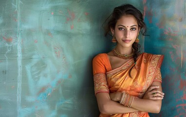 A woman in an orange sari is standing in front of a blue wall. She is wearing gold jewelry and has her arms crossed