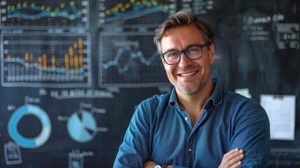 Wall Mural - Smiling man in glasses standing in front of a board with diagrams and charts, concept of business analysis. Generative AI realistic