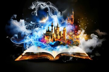 Aufkleber - An Open Book Radiates a Magical Aura, Unfurling an Enchanted Castle Surrounded by Swirling Lights and Vivid Colors, Creating a Portal to a Mystical World Teeming with Adventure, Generative AI