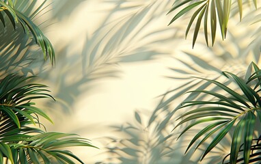 Wall Mural - A close-up view of a vibrant green plant against a white wall, with a blurred shadow from palm leaves visible in the background