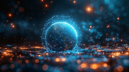 Poster - Wireframe technology sphere with connecting dots. BIG data visualization. 3D rendering.