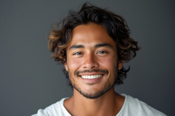 Wall Mural - Portrait of a smiling young man with curly hair on gray backdrop