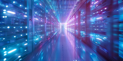 Poster - futuristic data center corridor illuminated by high-speed network operations