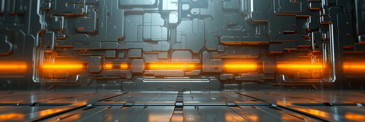 Poster - Futuristic Sci-Fi Wall Panels with Illuminated Orange Glow in Wide Format Design