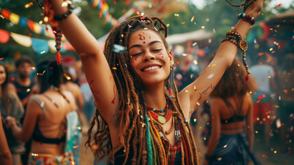 Sticker - Young woman enjoy a music festival in unique boho gypsy style outfit