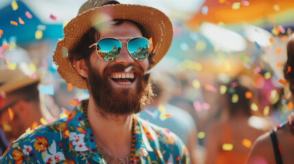 Poster - Young man enjoy a music festival in unique boho gypsy style outfit