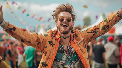 Poster - Young man enjoy a music festival in unique boho gypsy style outfit