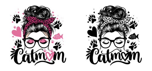 Canvas Print - cat mom 2024 mother day motherhood vector design, messy bun hair catmom